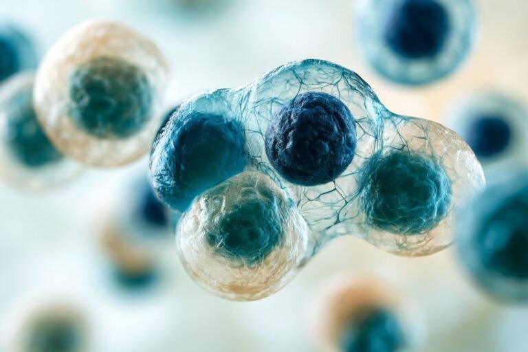 Macro photograph of a translucent cell cluster with teal nuclei