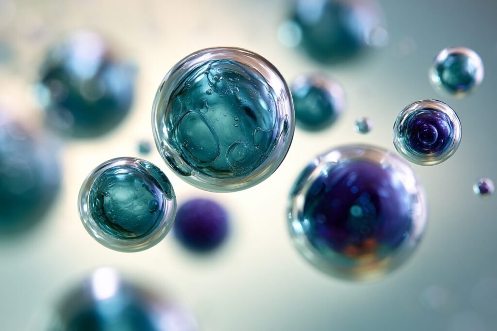 Macro photograph of teal and indigo spheres suspended in pale fluid