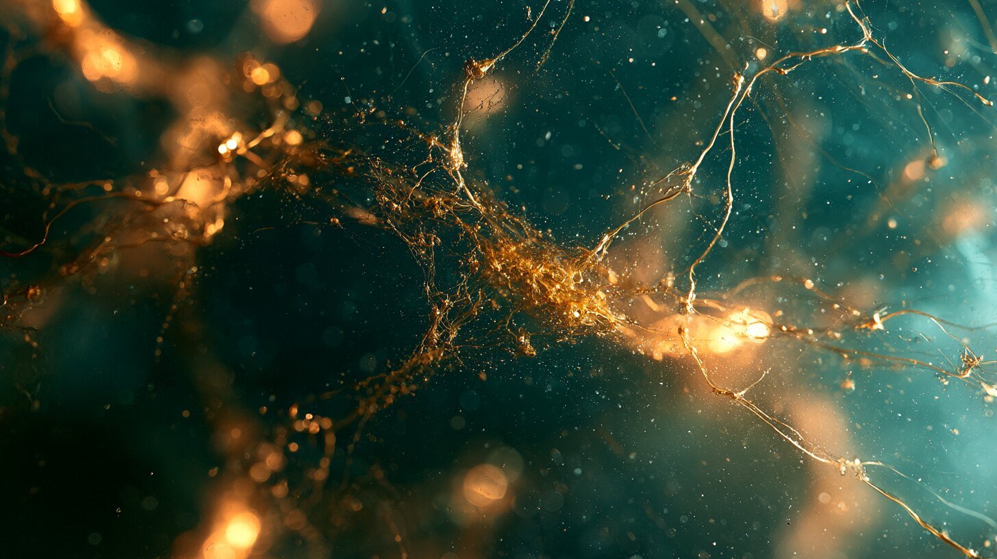 Amber filaments held in cool dark water, an abstract image of compounds stored in tissue