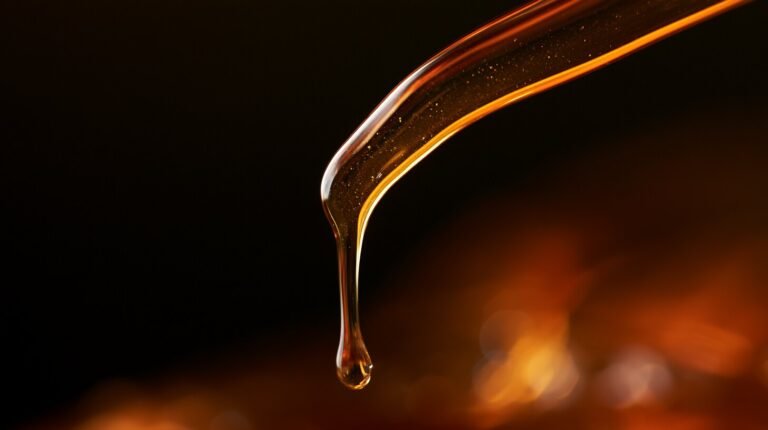 Thick amber liquid pooling slowly under low light