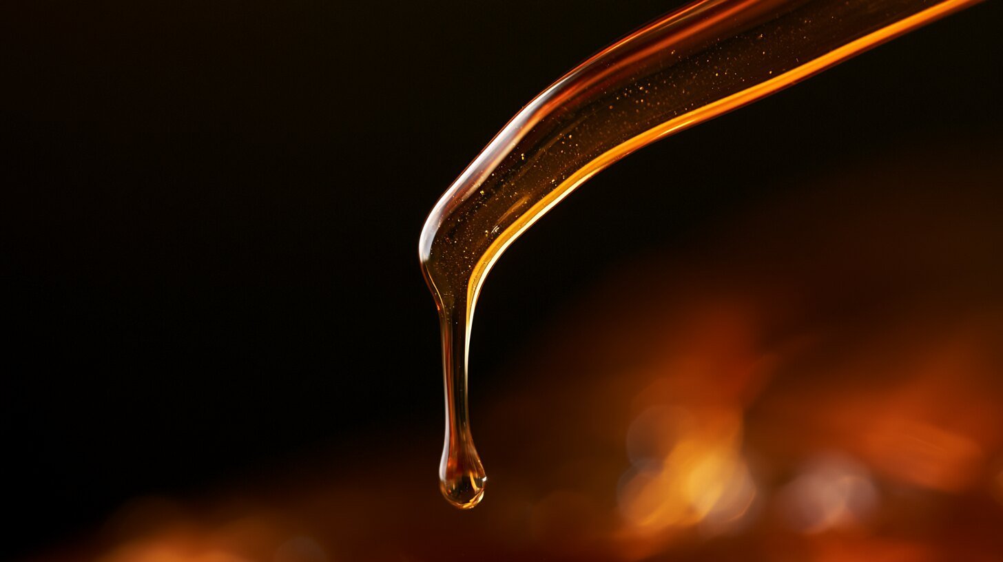 Thick amber liquid pooling slowly under low light