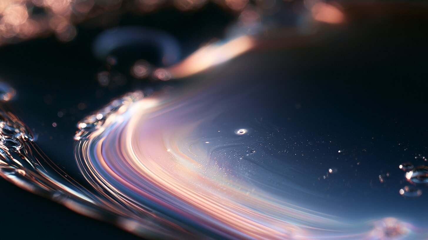 Pale interference colours spreading over still dark water