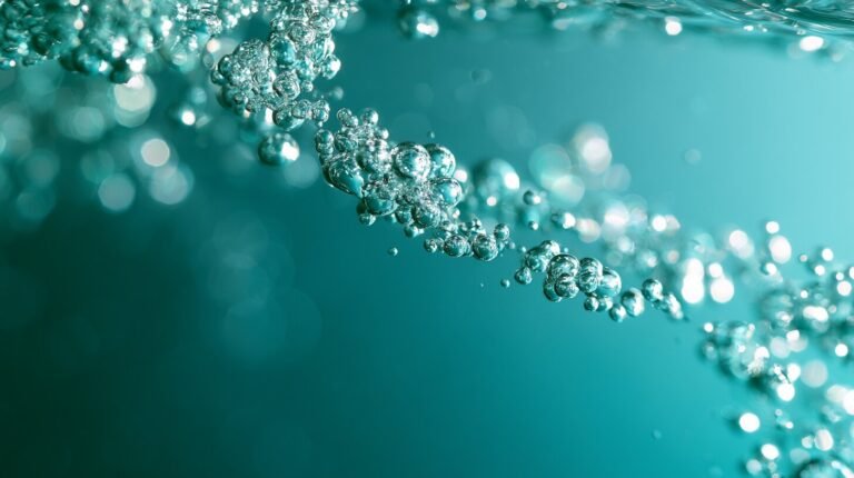 A thin stream of fine bubbles rising through turquoise water