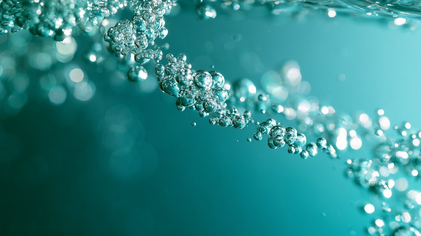 A thin stream of fine bubbles rising through turquoise water