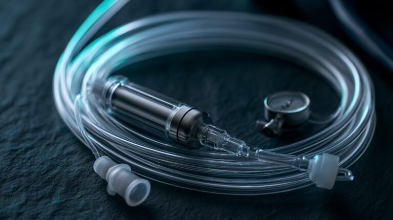 Coiled clear medical tubing, a filtration cartridge and a steel gauge on dark slate, lit with cool teal light