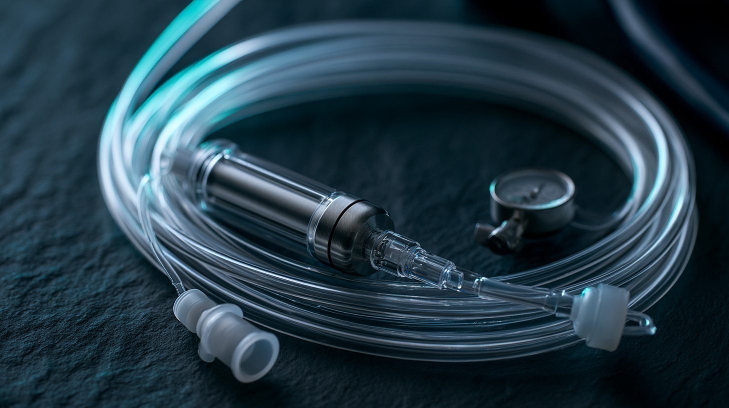 Coiled clear medical tubing, a filtration cartridge and a steel gauge on dark slate, lit with cool teal light