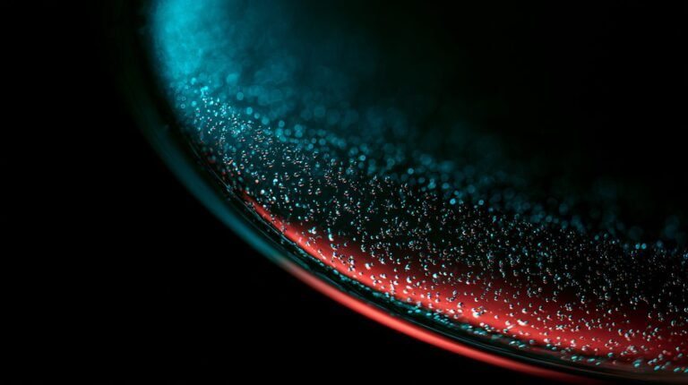 Fine bubbles rising against a curved rim of deep red fluid on a black ground, lit from behind in teal