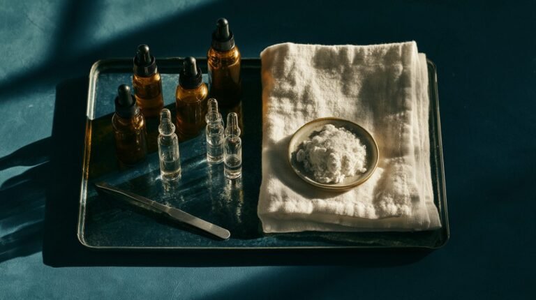 Amber dropper bottles, glass ampoules and a steel spatula on a tray, seen from above on a deep indigo surface