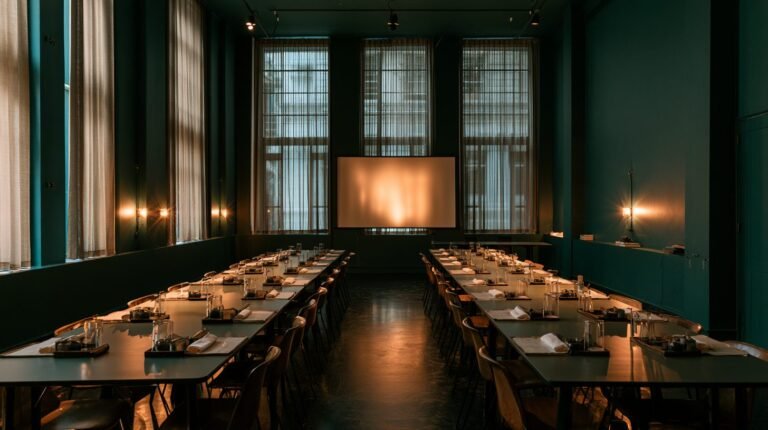 Long tables set with equipment trays in a teal-walled room, warm wall lights and a glowing screen at the far end