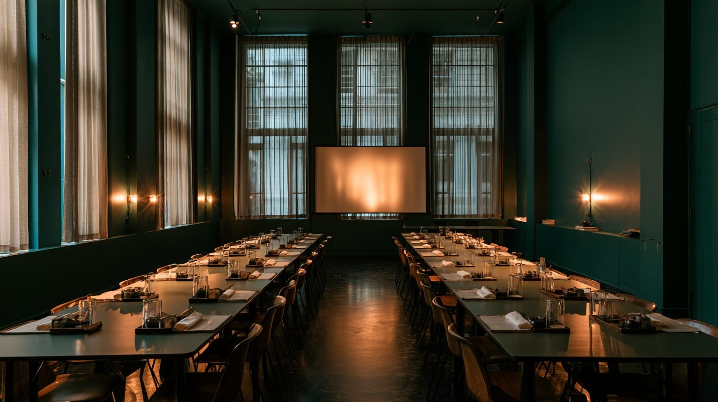 Long tables set with equipment trays in a teal-walled room, warm wall lights and a glowing screen at the far end