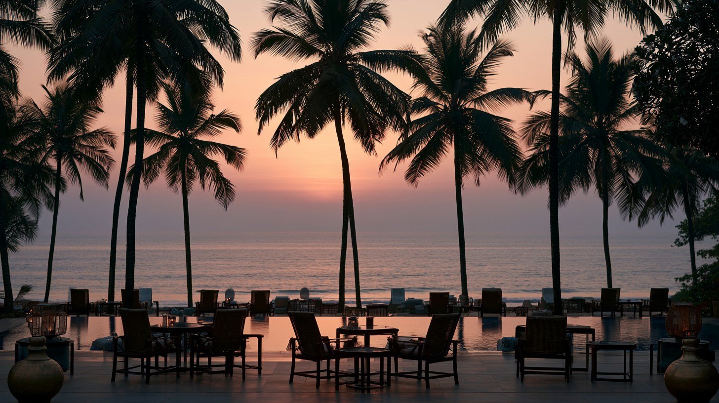An empty seaside terrace at first light, palms in silhouette against the Arabian Sea