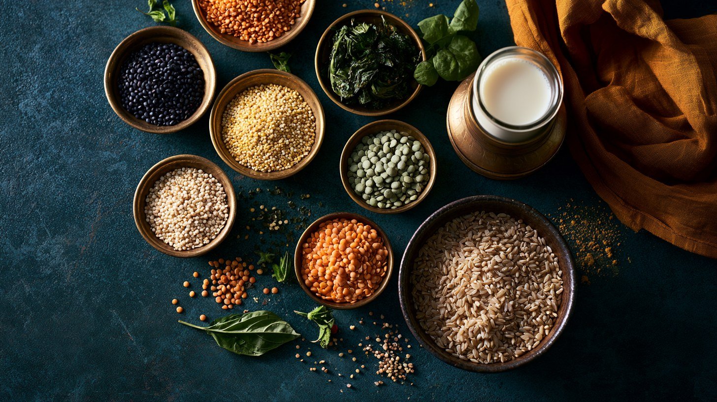 Whole grains, lentils and greens in brass bowls on a dark blue surface, seen from above