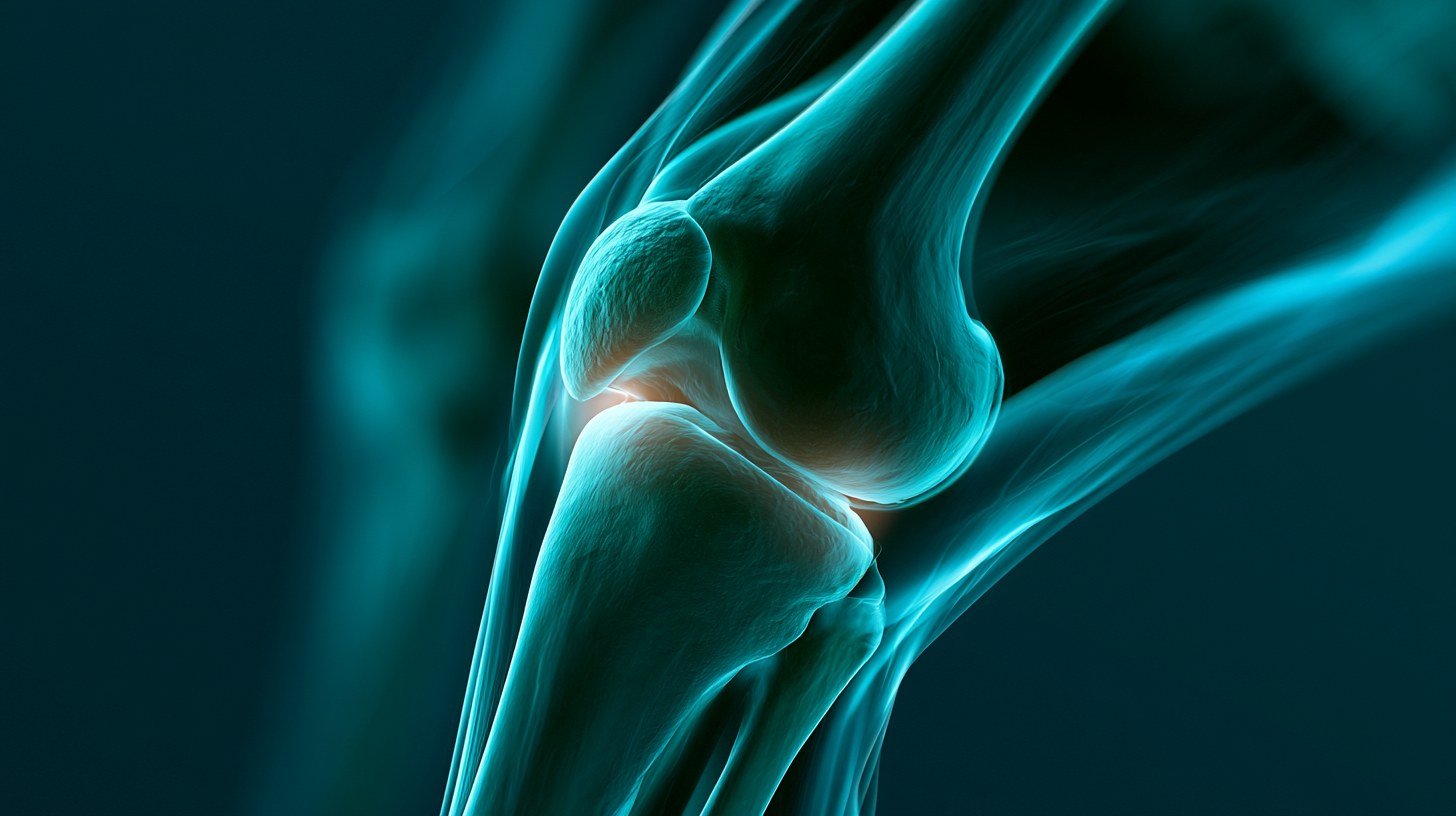 An anatomical study of the knee joint drawn in luminous teal on a dark ground