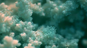 a living ecosystem of soft forms and spheres, macro