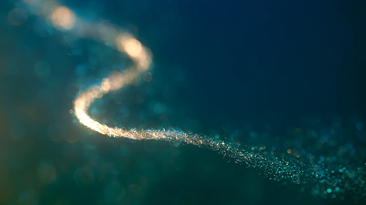 a luminous strand dissolving into particles, macro