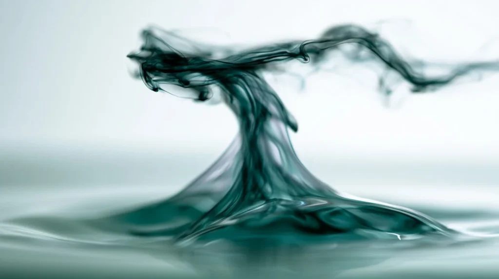Dark ink wisp rising and clearing above bright water