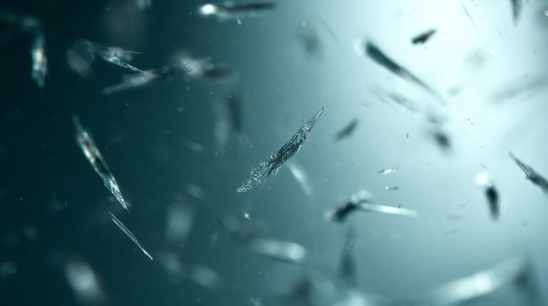 Fine fragments drifting in still pale water, an abstract image of slow clearance