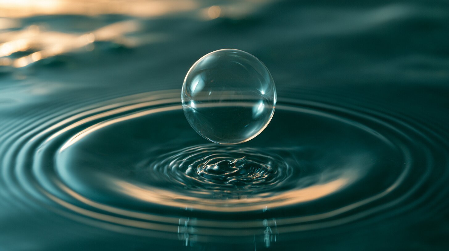 Ripples spreading outward after a bubble breaks at a still surface