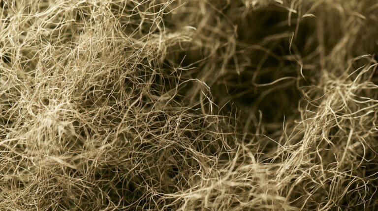 A dense mat of overlapping fine filaments seen from above