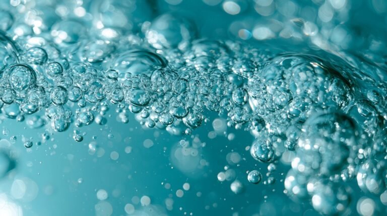 A dense band of small bubbles in clear aquamarine water