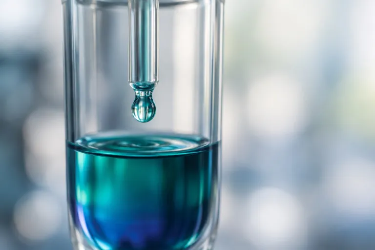 Macro photograph of a clear droplet falling into deep teal liquid in a glass drip chamber