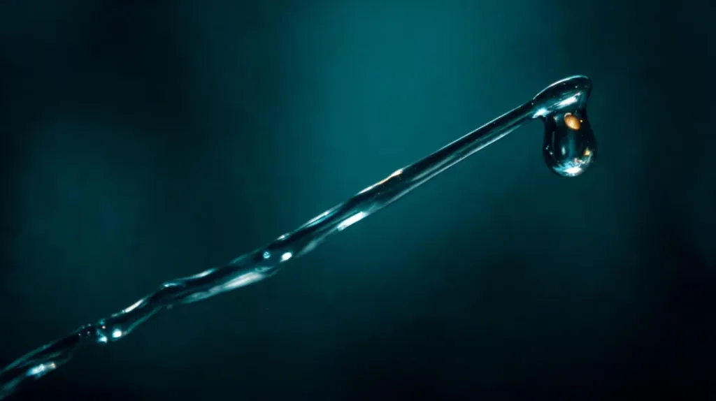 A thin stream of clear liquid ending in a single droplet against dark teal, an abstract image of a measured amount