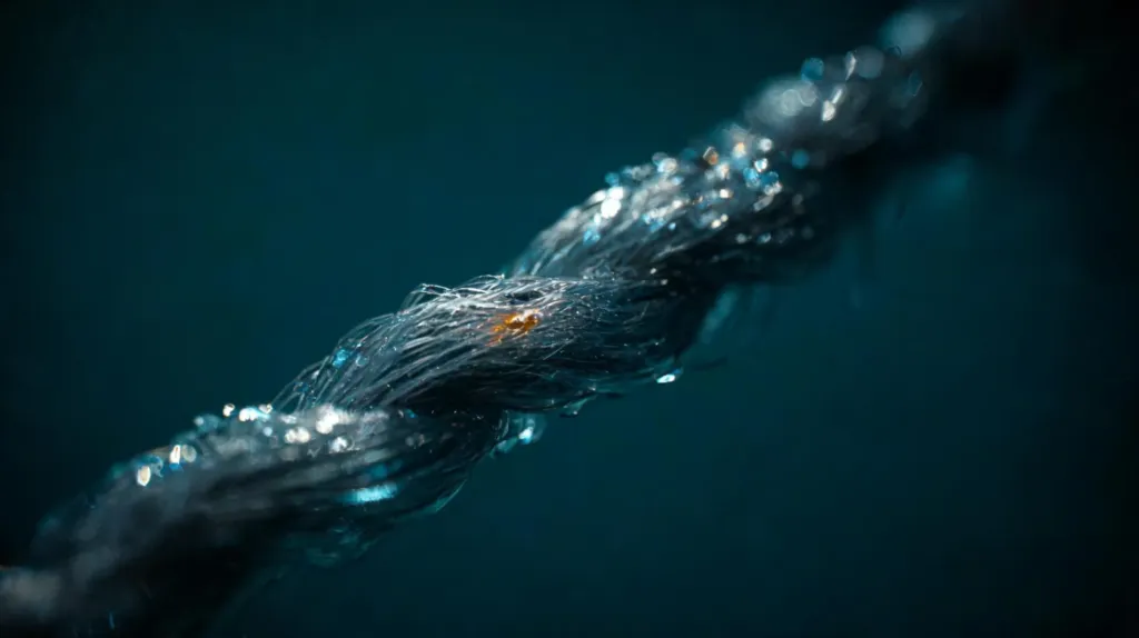 A taut rope of fine wet fibres against dark teal, an abstract image of strength