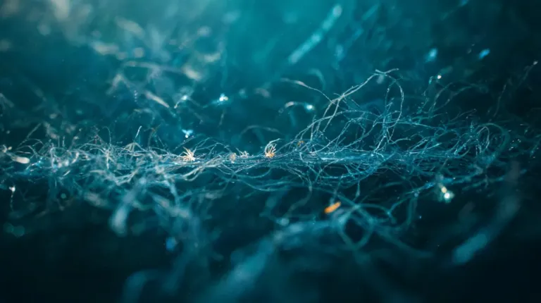 Fine fibres lit from one side in dark teal fluid, an abstract image of the working parts of a cell