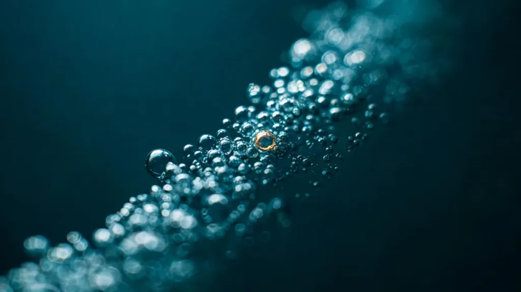 A stream of small bubbles rising through dark teal fluid, an abstract image of a measured dose of gas