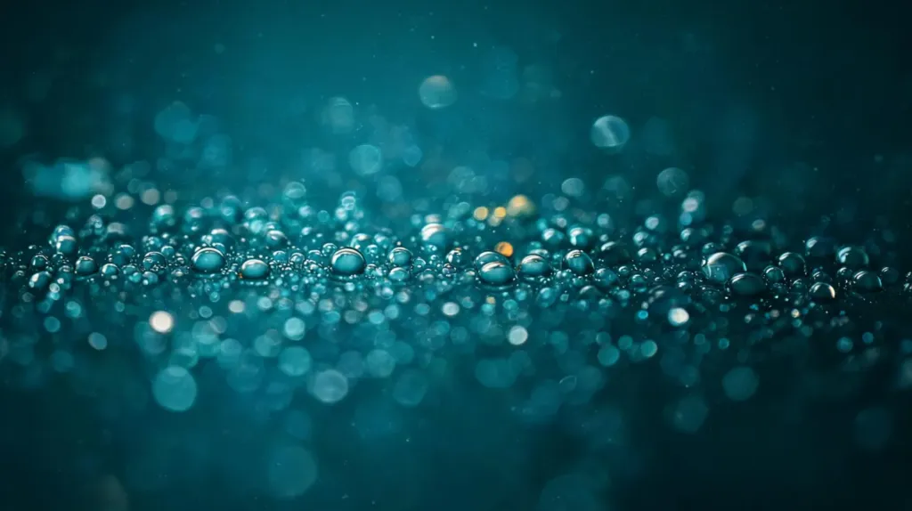 Beads of oil suspended in dark teal water, an abstract image of compounds that linger