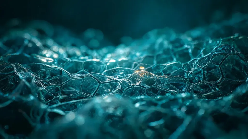 A translucent honeycomb-like membrane in dark teal light, an abstract image of a barrier